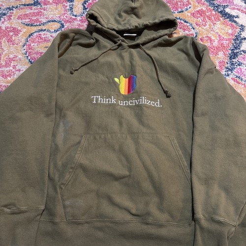 Uncivilized Mens Hooded Sweatshirt Embroidered Think Uncivilized Olive Size 3XL