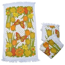 Vintage 70s Sayco California Butterfly Floral Cotton Orange/White Hand Towels