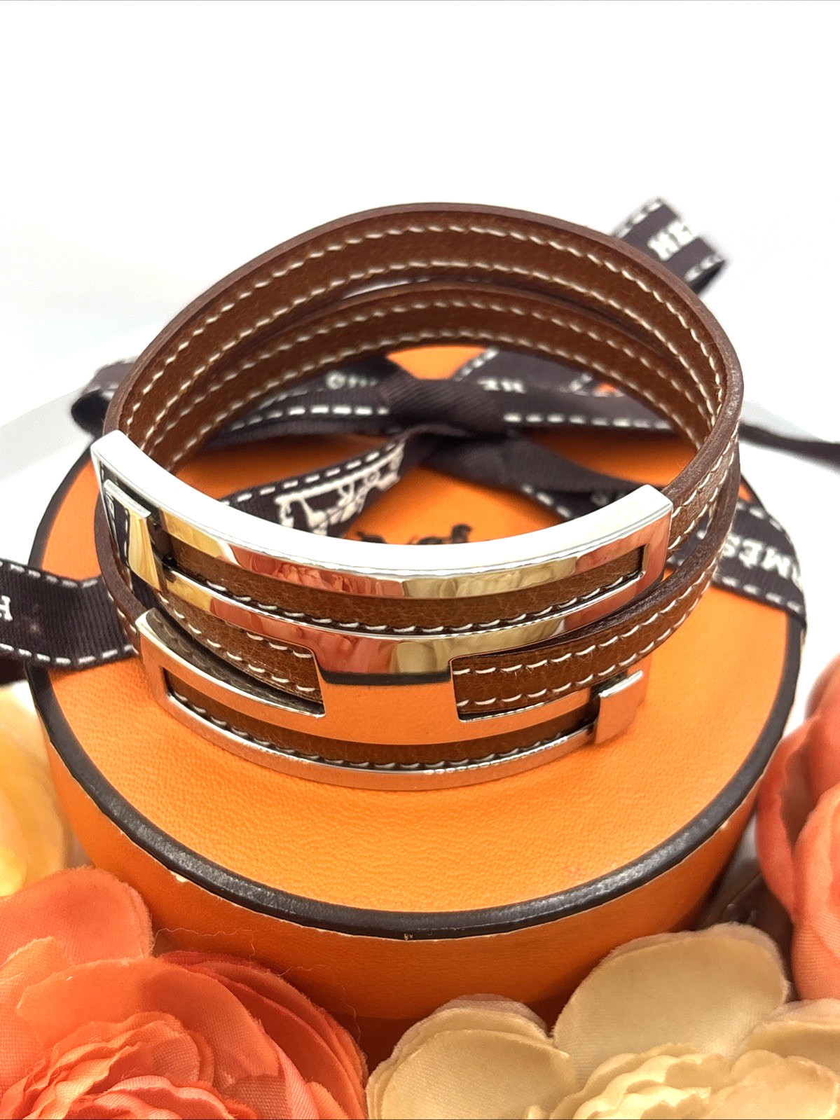 HERMES Pousse Pousse Silver Logo Double Wrap Bracelet Tan Brown Leather RARE image 8