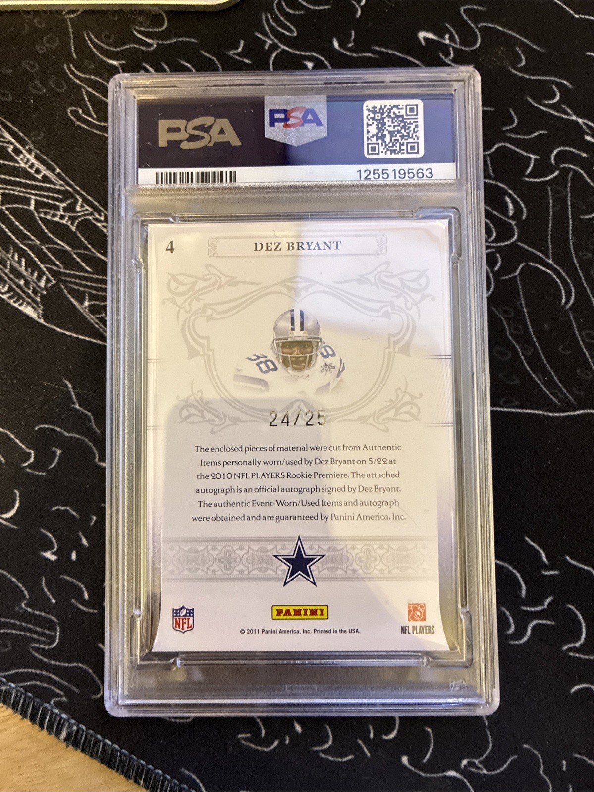 2010 National Treasures NFL Gear Dez Bryant 3 Patch 24/25 Auto PSA 10 Rookie RC view 2