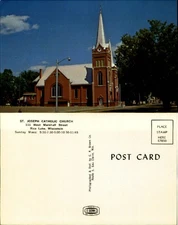 St Joseph Catholic Church Rice Lake Wisconsin WI cross steeple 1960s postcard