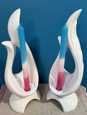 Pair JARU 90s Modernist XL 16"  White Ceramic CANDLE Sconces DECO REVIVAL MINT