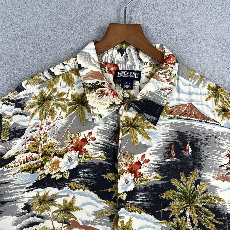 Camisa Hawaiana Lands End De Colección Para Hombres XL Rayón Palmera Navegación Viaje Campamento Foto 2 de 4