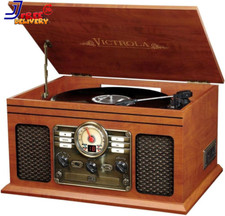 Vintage Retro Record Player 6-in-1 Stereo System Bluetooth FM Radio CD Cassette