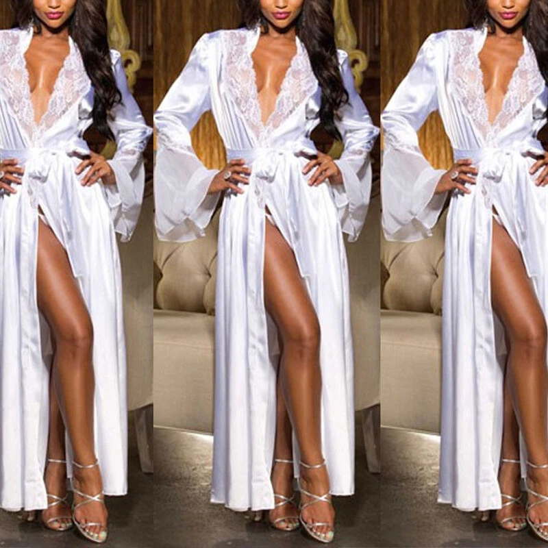 Sexy Women s Satin Long Nightdress Silk Lace Lingerie Nightgown