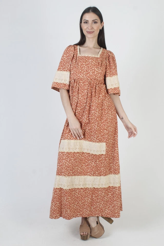 Vestido Vintage Años 70 Kimono Manga Campana Otoño Calicó Floral Encaje Cottage Maxi 9 Foto 4 de 4