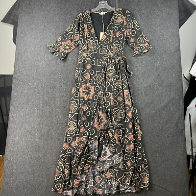 Anthropologie Let Me Be Dress Women's Small Navy Geometric Wrap Maxi Dress  Boho | eBay