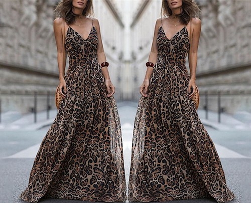 Vestito Lungo Donna Stampa Animalier Scollo V Woman Maxi Dress 110421E |  eBay