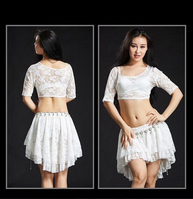 NEW Lace Blouse+Short Skirt 2pcs set Belly Dance Costume Practice