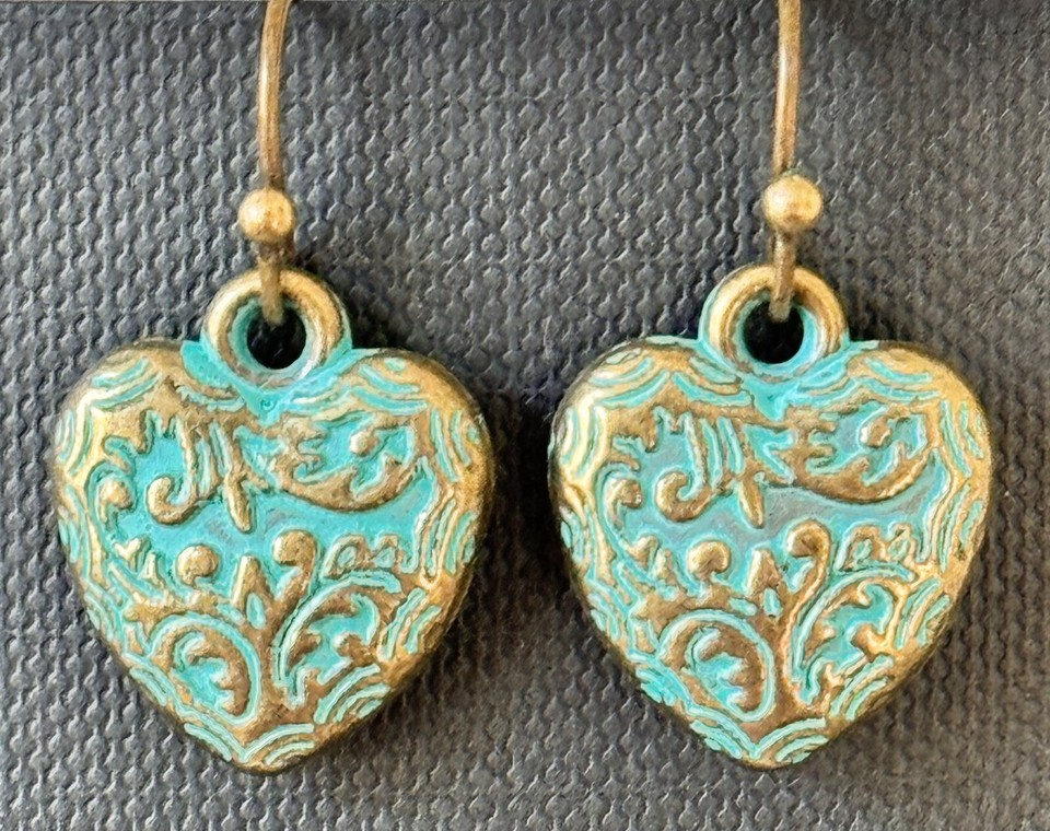 Bronze with Etched Patina Heart Dangle Earrings. Love. Adore. Romantic