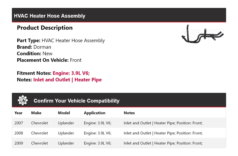 Conjunto de manguera de calefacción delantera para Chevrolet Uplander 2007-2009 3,9 L V6 Dorman HVAC Foto 2 de 4