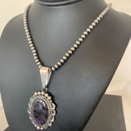 Men Navajo Pearls Sterling Silver Purple Stone Pendant Necklace 01535 - Picture 12 of 12