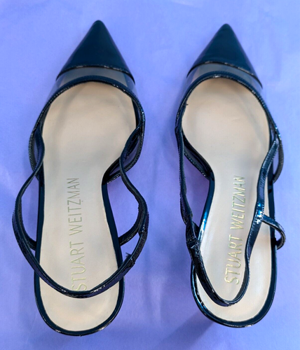 Stuart Weitzman Mondrian 50 Slingback Pumps PVC/ Patent Leather Black US 9 $450 - Picture 8 of 15