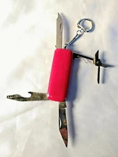 Vintage RED POCKETKNIFE KEY CHAIN ~ 2.75" Long ~ 4 Accessories/Blades