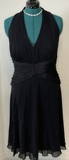 Tadashi Collection Black Silk Chiffon Pleated Midriff Halter Formal Dress Sz14
