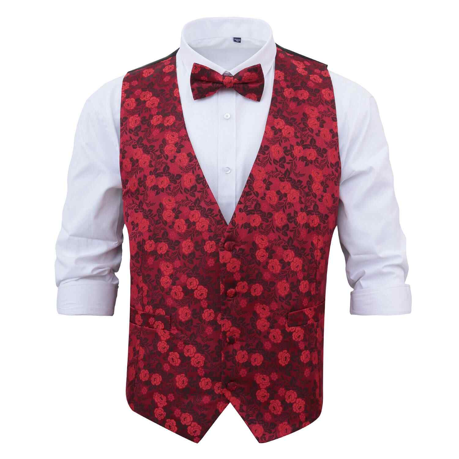 Red Woven Floral Rose Wedding Waistcoat & Bow Tie Set by DQT