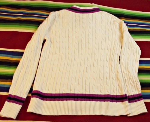 Suéter Ralph Lauren para mujer tejido con cable tenis cricket acadamia XL cuello en V crema - Imagen 6 de 8