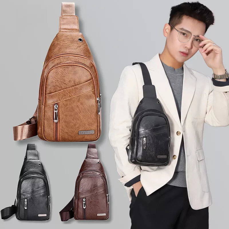 Mens Leather Sling Bag Crossbody Chest Bag Shoulder Bag Backpack Hiking  Travel