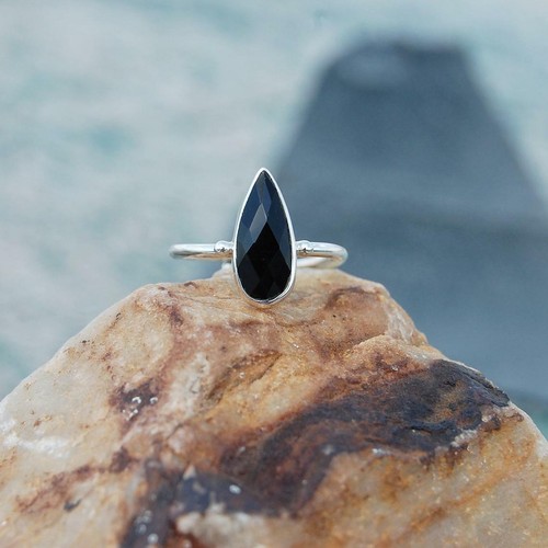Bague Vintage Artisanale En Argent 925 - Serti Onyx Noir - Taille Ajustable T54 - Poinçon Titre - Occasion