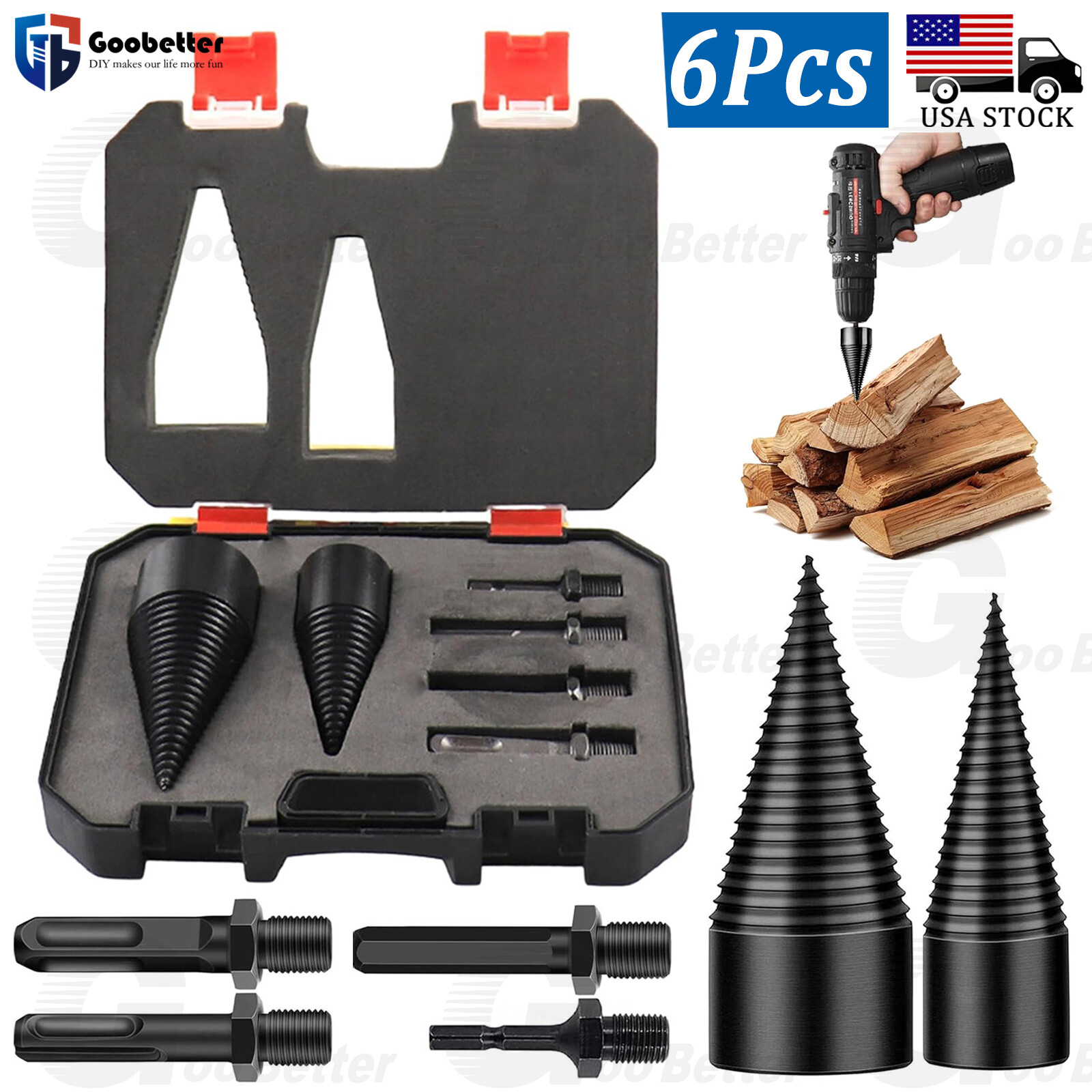 6x Wood Splitter High Speed Twist Firewood Drill Bit Screw Splitting Cone Driver