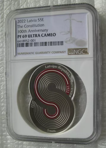 Latvia 5 Euro 2022 Silver Proof Coin The Constitution 100th Anniversary NGC PF69