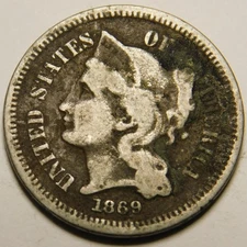 1869 Three Cent Nickel  Actual Coin Pictured- Not Cleaned
