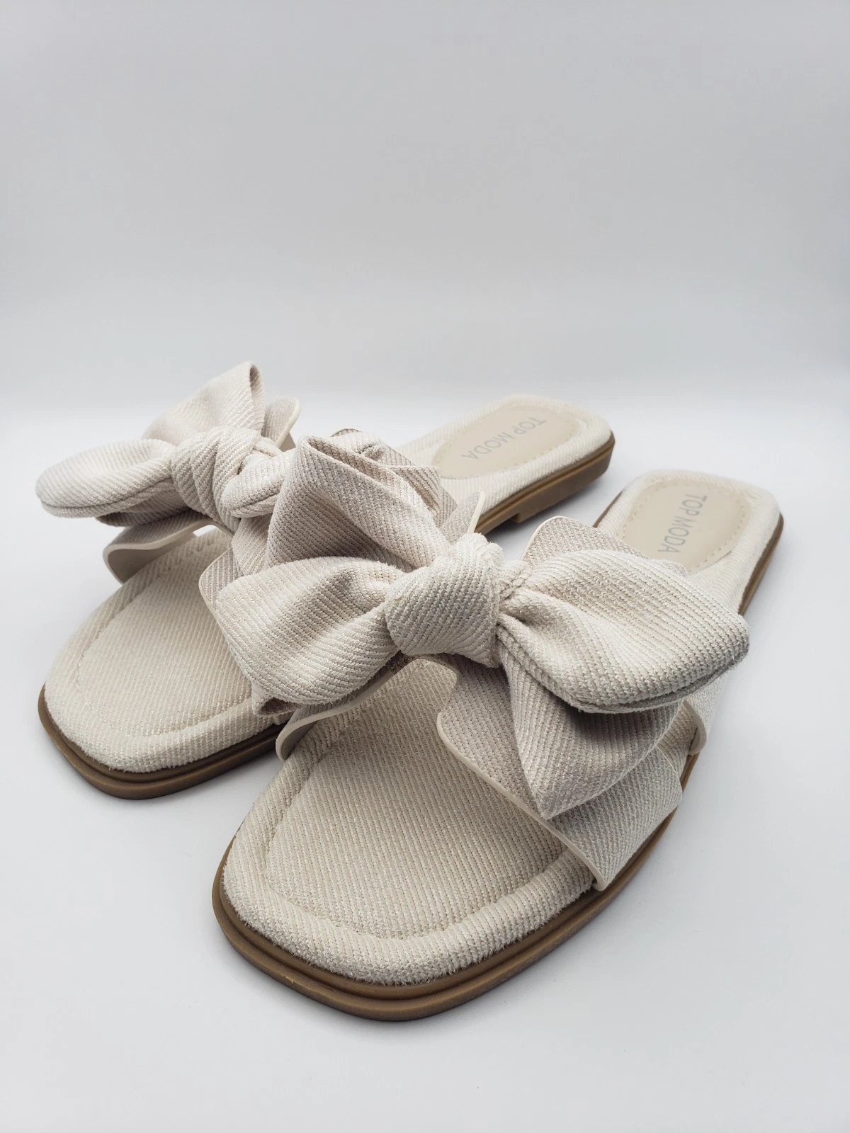 Women H Style Slip on bow slide Canvas Sandals Ivory