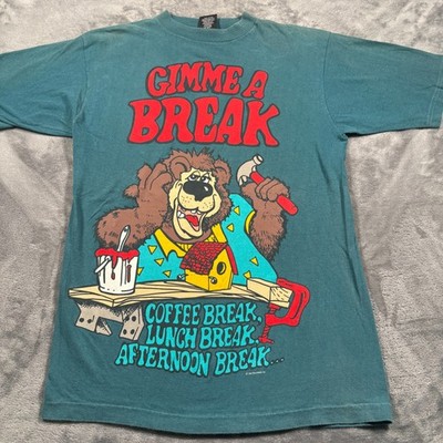 Vintage Gimme A Break T-Shirt Mens Medium Teal Sun Graphic Print Crew Neck Retro