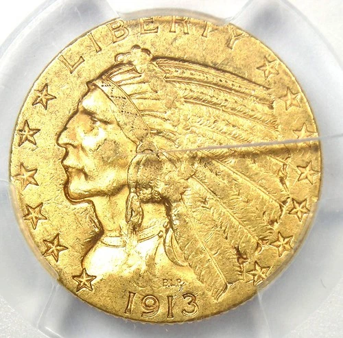 1913-S Indian Gold Half Eagle $5 Coin - Certified PCGS AU58 - Cracked Holder