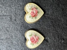 Vintage Sterling Pink Roses Guilloche Enamel Heart Screw Back Earrings