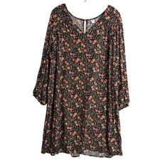 Old Navy Floral Shift Dress Womens XXL Black Boho Preppy Mini Shirt Long Sleeve