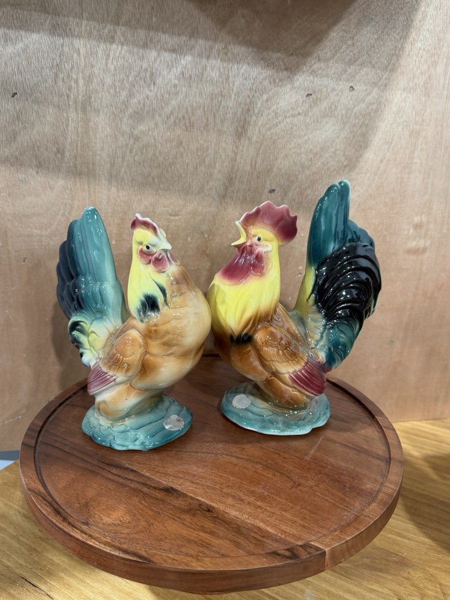 RE・BIRTH Ⅱ THE ROOSTERS Vintage Royal Copley Rooster & Two Hens Figurine Set 1950s Ceramic