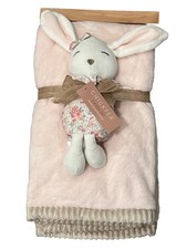 Chick Pea Pink Bunny Floral Rabbit Plush Baby Blanket Set Ribbed Trim New