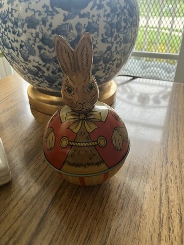 Rare Vintage J Chein & Co. Bunny Rabbit Roly Poly Tin Litho Easter Toy