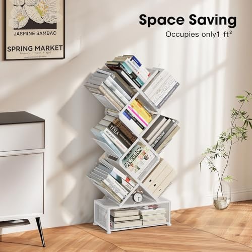 Metal 6 Tier Bookshelf, No Assembly Needed Foldable Bookcase with Storage White