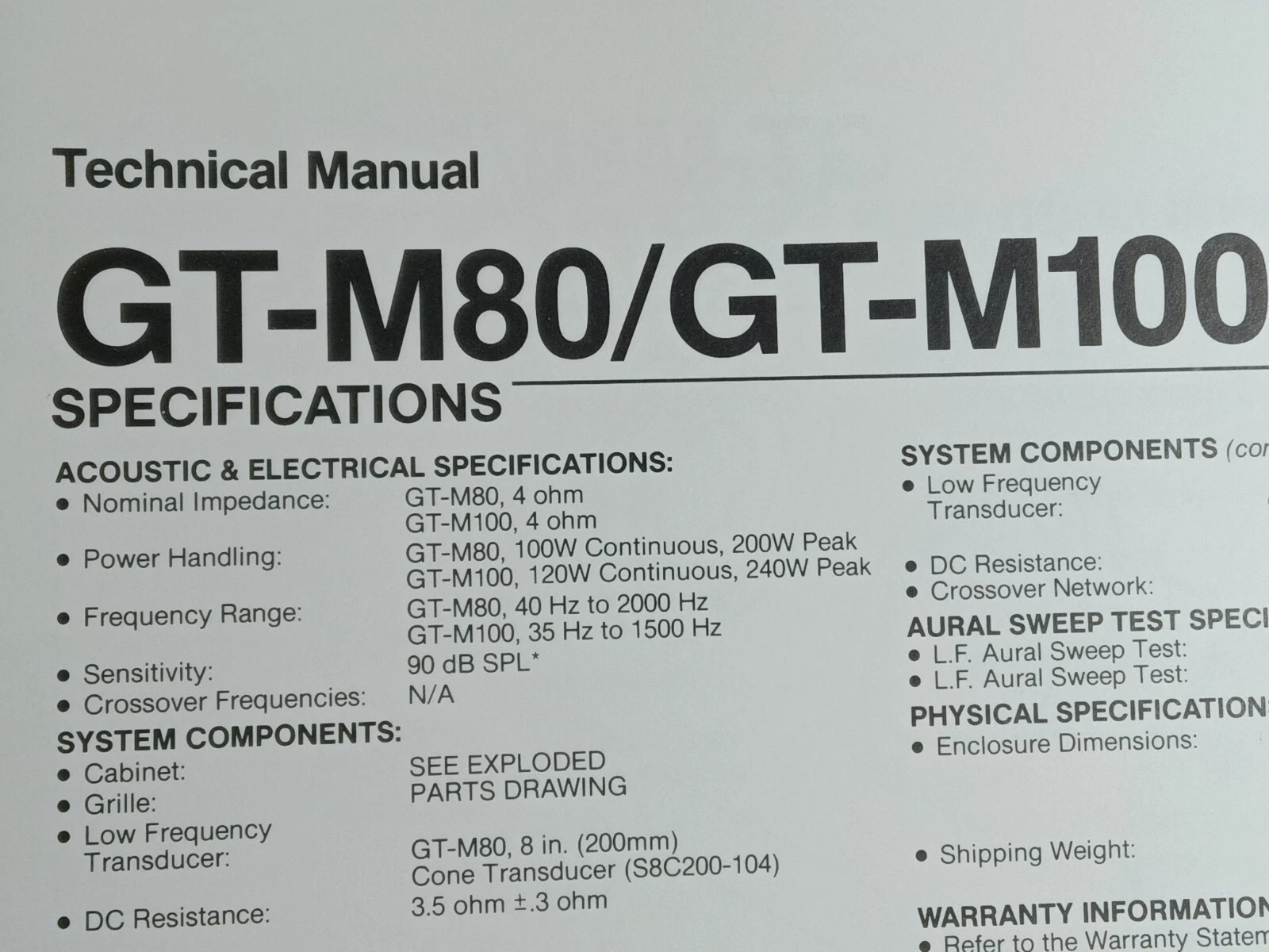 JBL GT-M80 GT-M100 Speakers Specifications Schematic Service Manual Original