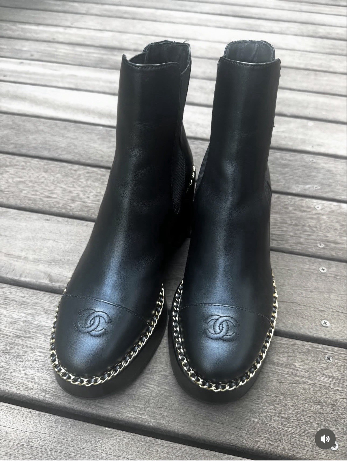 Authentic Ankle Shoes Boots Sz 41 Black Color Leather  Chain Chanel