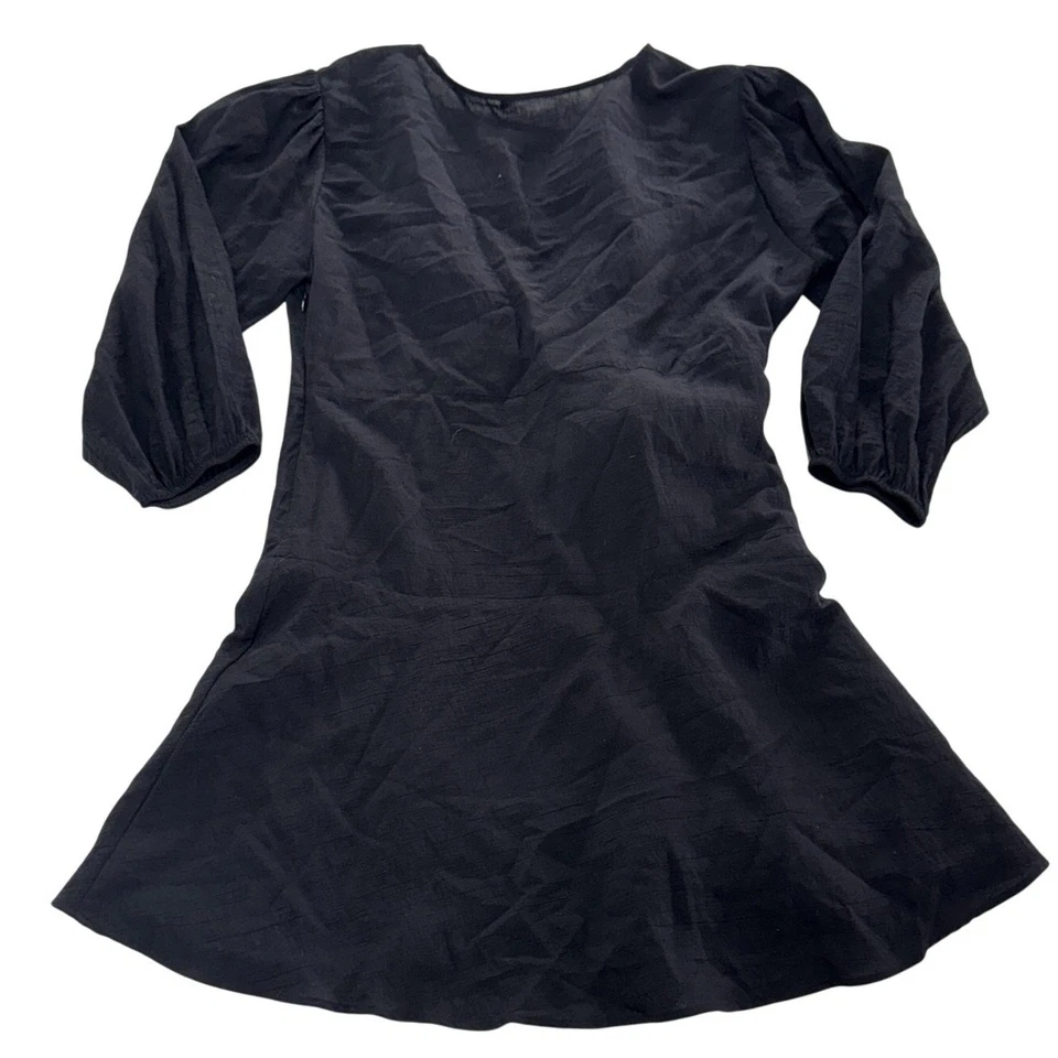 Zara Dress Womens XL Black Wrap V Neck Long Sleeve Tie Waist Ruffle Hem Mini - Image 2 of 4