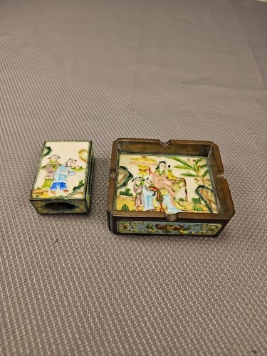 Vintage chinesische Cloisonne Emaille & Bronze Streichholzschachtel Halter und Aschenbecher - Bild 1 von 7