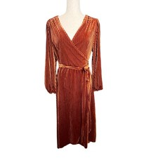 Boutique Womens Rust Orange Ribbed Velvet Wrap Maxi Dress Long Sleeve Size M 70s