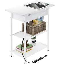 Sofa Side Table with USB Ports and Outlets, Narrow End Table with Storage She...