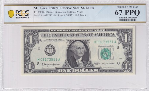 1963 $1 FRN St. Louis FR-1900 H PCGS Superb Gem UNC 67 PPQ Mule