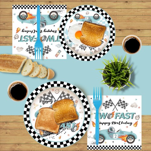 120PCS Two Fast Birthday Party Supplies Blue Race Car Party Plates Napkins Tw... - Picture 6 of 6
