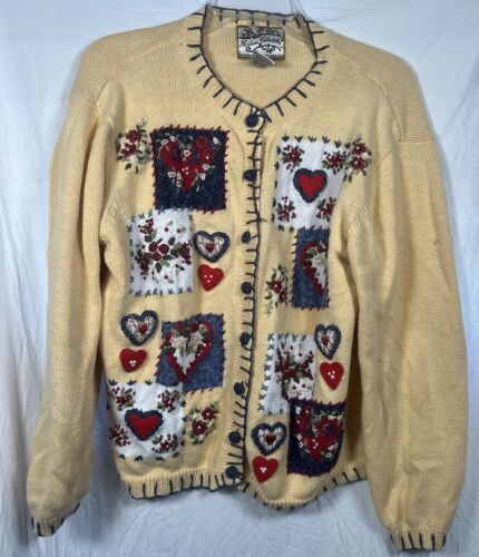 Vintage Heirloom Collectibles Cardigan Womens Yellow Sweater Patchwork Heart XL - Afbeelding 1 van 5