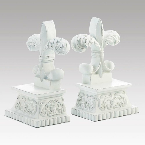 White Polyresin Stylish Distressed Fleur-De-Lis Bookends Stand Home D�cor - Picture 1 of 3