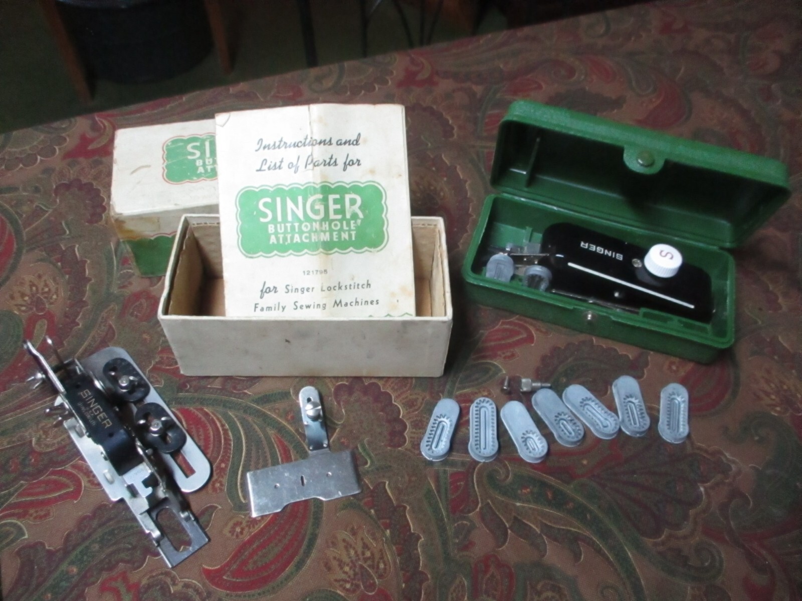 2 Antique Singer Sewing Machine Buttonholers w/ Boxes & Instruction Book