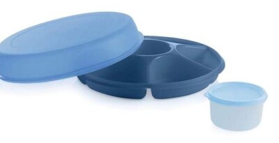 Tupperware LARGE SERVING CENTER SET Blue Divided Tray/Serving Bowl/Cover ~ NEW