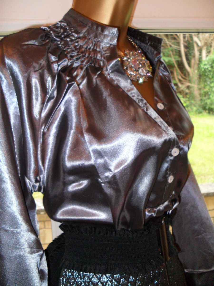 12 14 SHINY WET LOOK SATIN BLOUSE GLOSSY PEWTER GREY SECRETARY