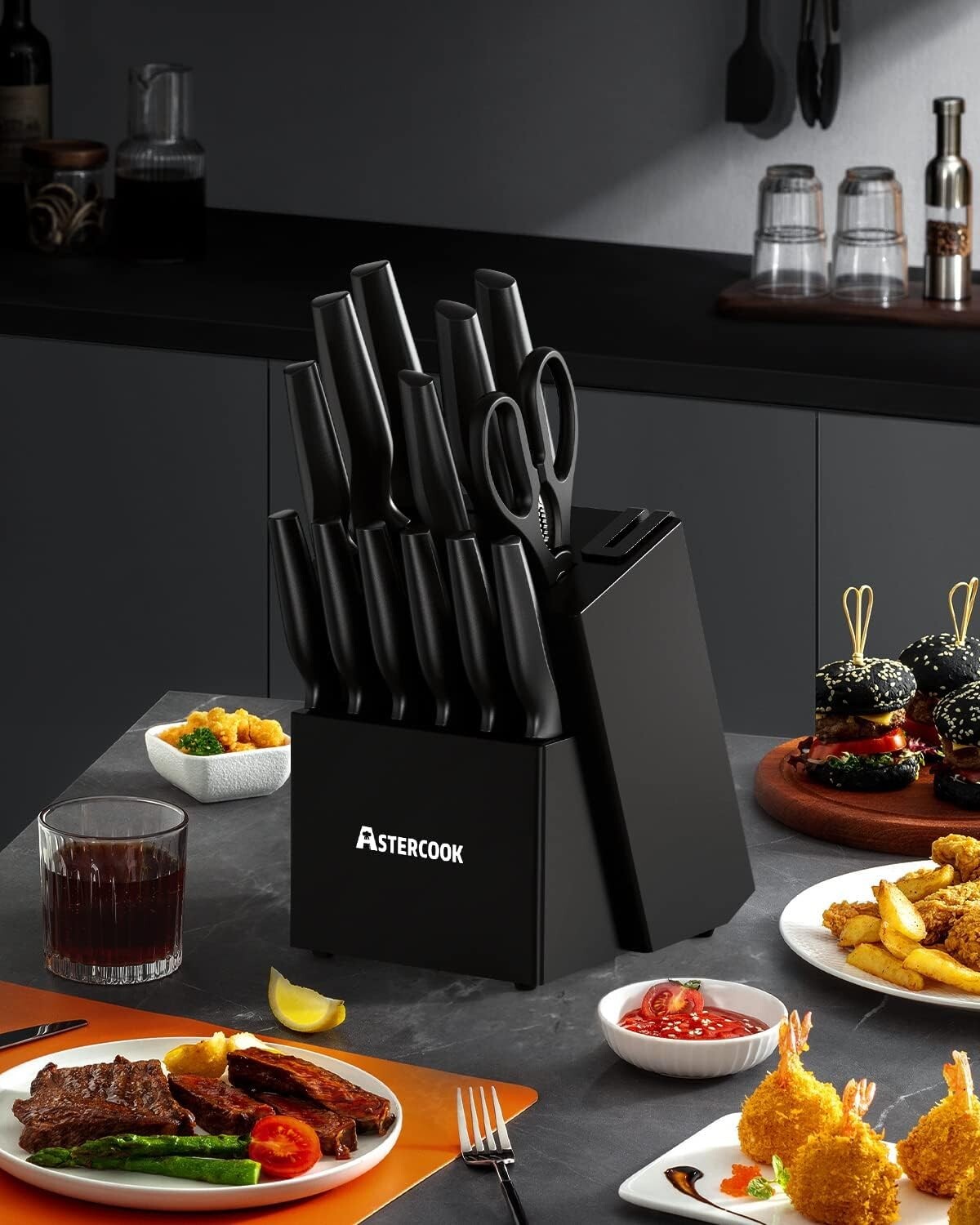 Essential Black Kitchen Knife Set - 15 Pieces with Ergonomic Handles & Sharpener