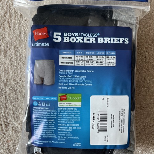 Hanes Boys' Tagless Ultimate Boxer Briefs Comfortsoft Cotton 5-Pack XL 18-20 NEW - Picture 5 of 6